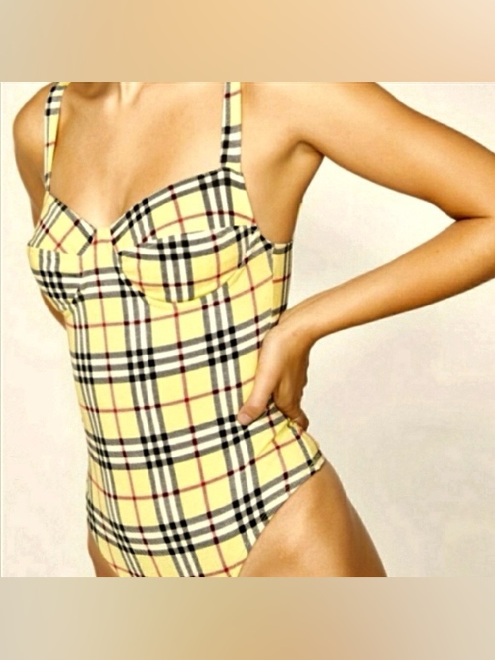 MOTEL ROCKS PLAID BUSTIER BODYSUIT, YELLOW, XL